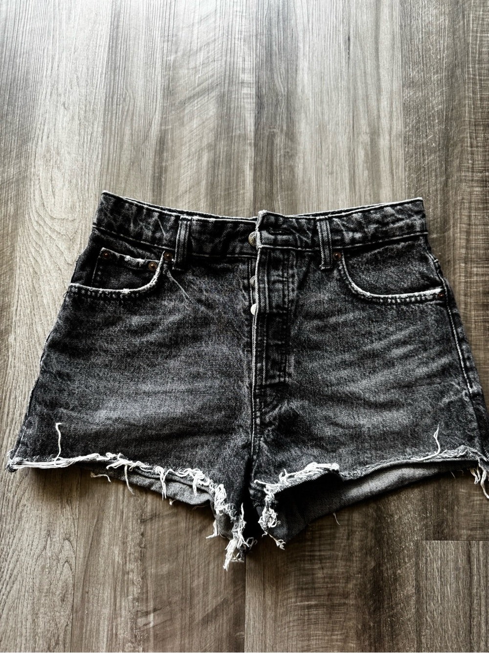 Zara Black Washed High-Rise Frayed Denim Shorts
